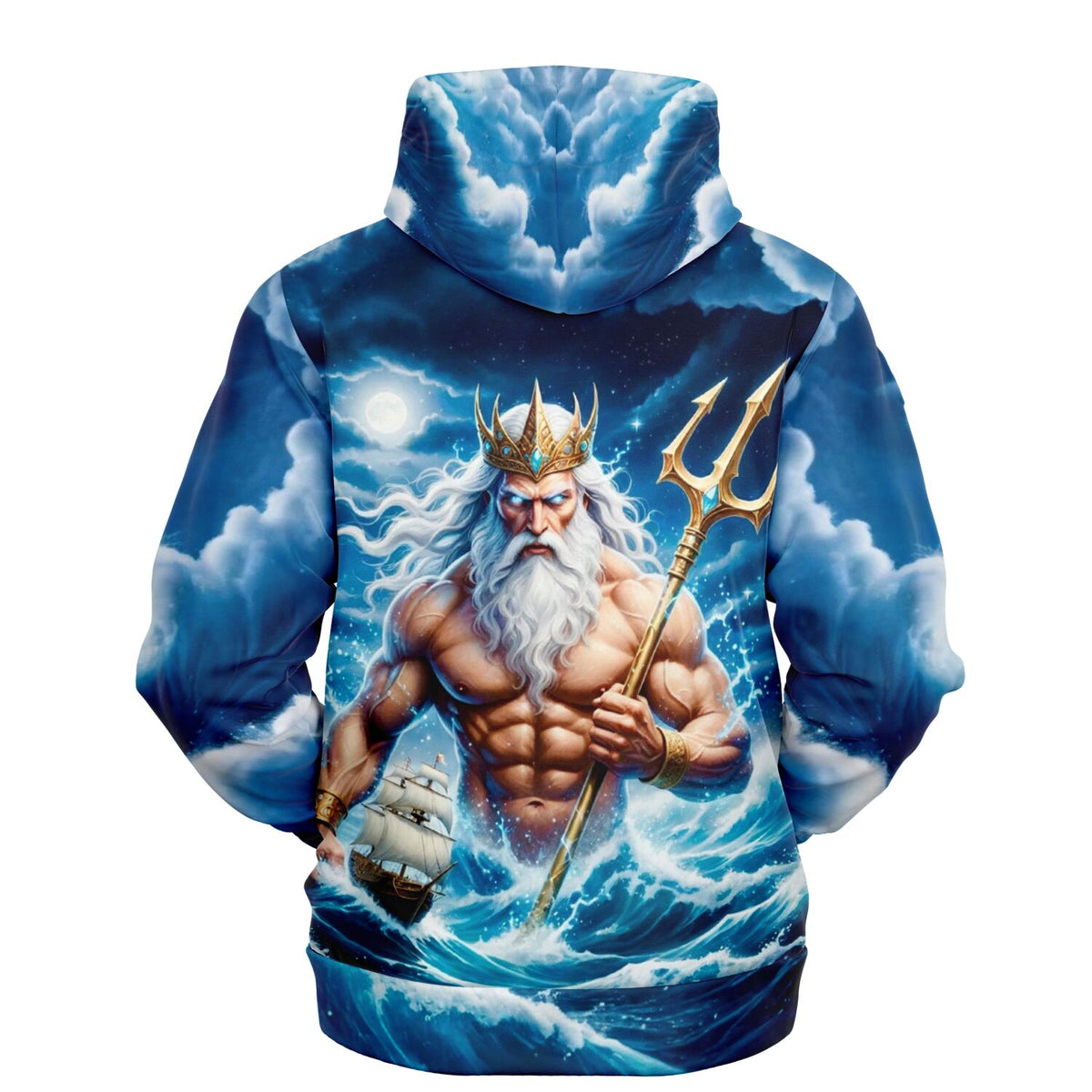 Dreamer Hoodie Poseidon mit Meeresgott Motiv, Dreizack und Schiff bei rauer See, inspiriert von Diamond Painting Kunst.