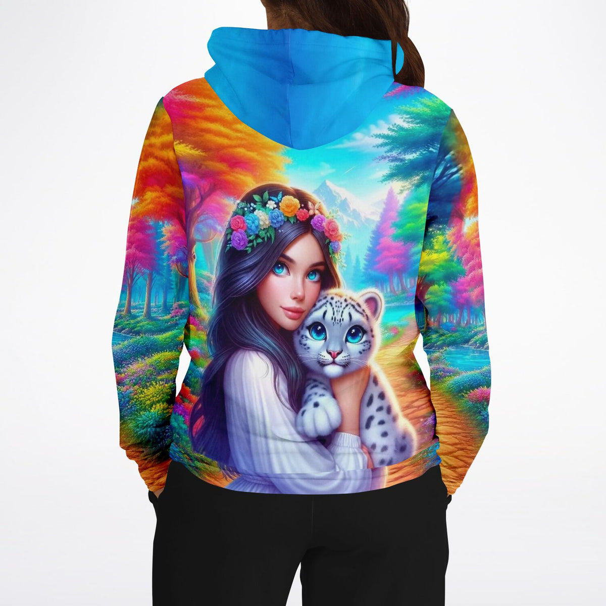 Dreamer Hoodie Amira’s Paradies mit buntem Fantasy-Motiv, Mädchen mit Schneeleopard im Zauberwald, hochwertige AOP-Mode