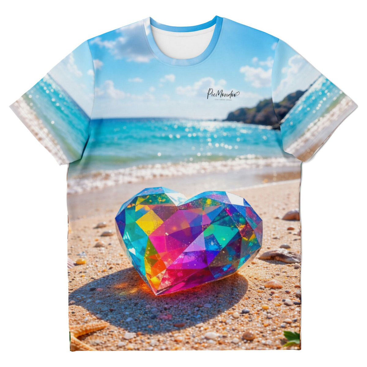 Weißes T-Shirt mit farbenfrohem Crystal-Heart-Motiv, das an Diamond Painting Leidenschaft erinnert.
