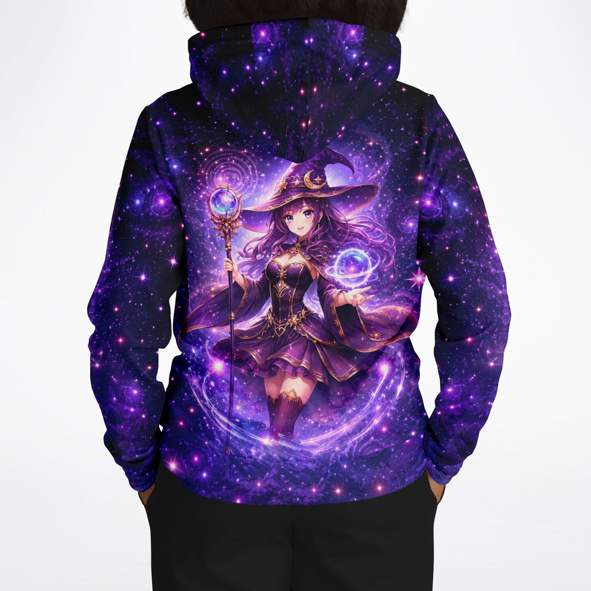 Dreamer Hoodie Celestara mit lilafarbenem Galaxie-Motiv und Anime-Hexe, perfekt für Fans von Malen nach Zahlen und Kunst.