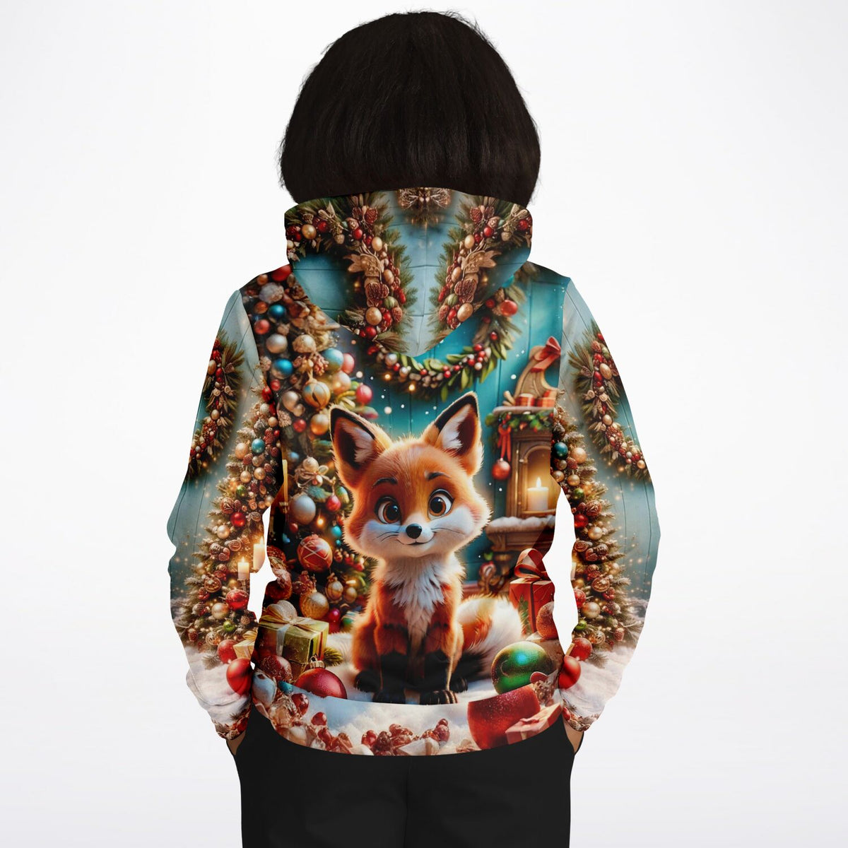 Dreamer Hoodie mit niedlichem Fuchs-Motiv, Weihnachtsbaum und stimmungsvoller Dekoration im AOP-Design