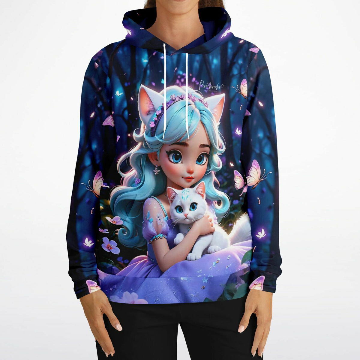 Dreamer Hoodie Kim Kitty Girl Design mit blauhaarigem Anime-Mädchen, weißer Katze und Schmetterlingen im dunklen Wald