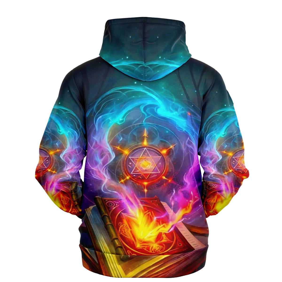 Dreamer Hoodie Hexenkünste mit magischem Zauberbuch, brennenden Flammen und mystischen Symbolen in leuchtenden Farben
