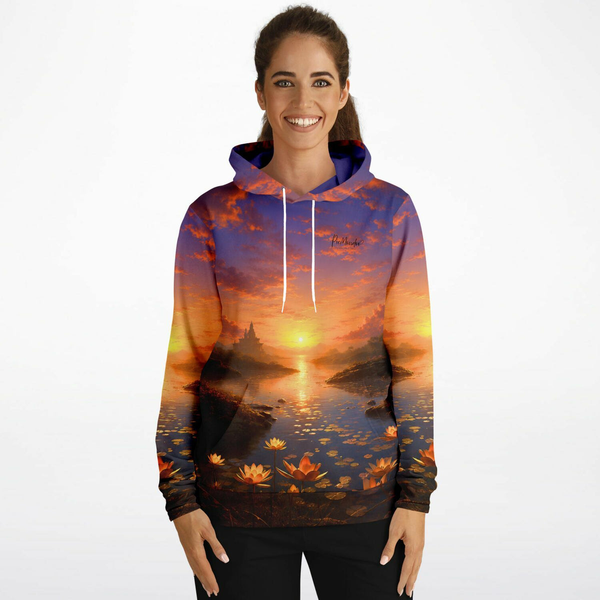 Dreamer Hoodie mit stimmungsvollem Sonnenuntergang-Motiv, das an Diamond Painting Landschaften und Kunst erinnert.