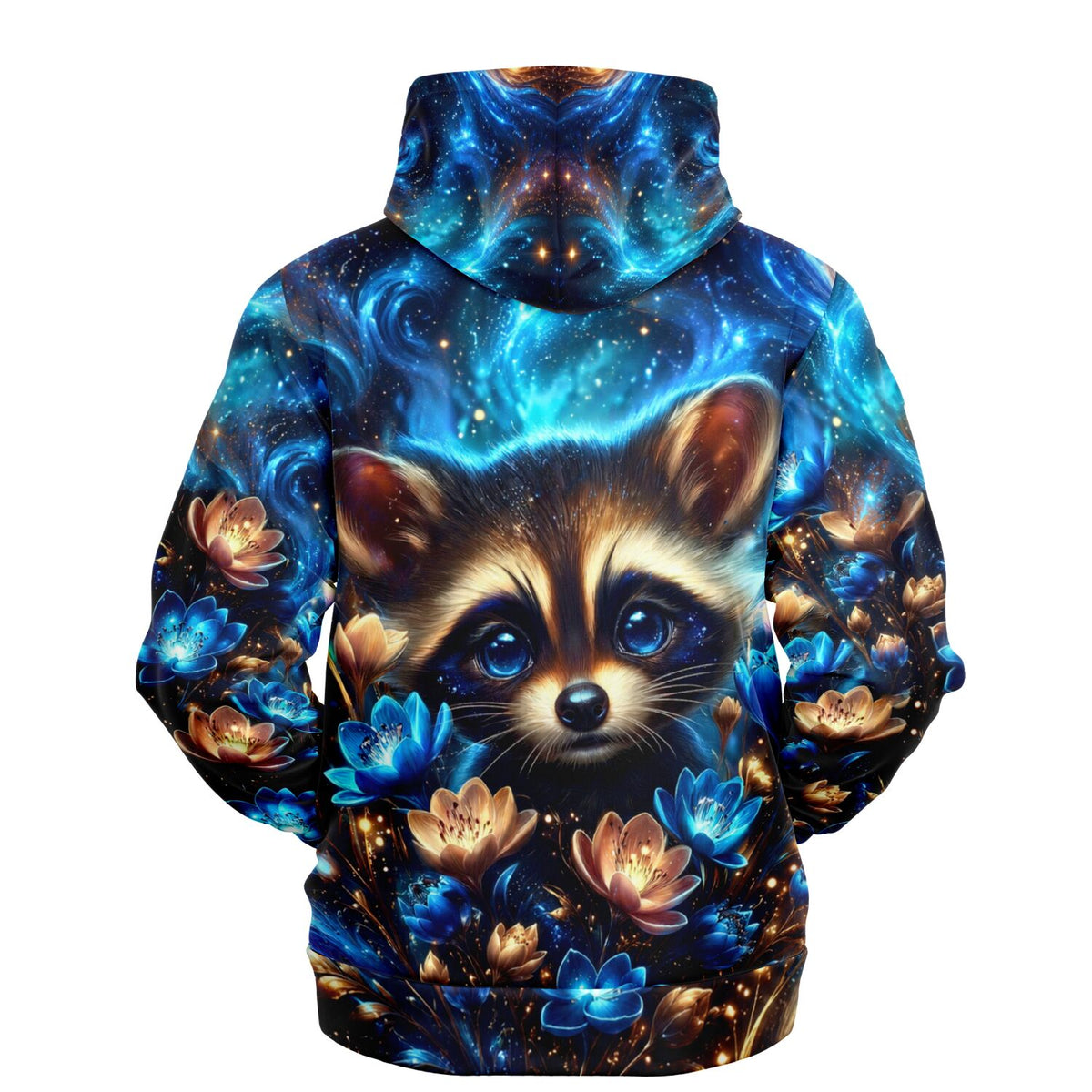 Dreamer Hoodie mit Waschbär-Motiv in blauem Galaxie-Design, passend zu unserem Malen nach Zahlen und Diamond Painting Stil.