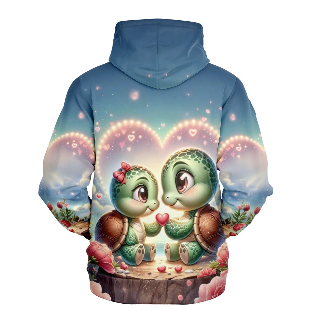 Dreamer Hoodie mit zwei verliebten Schildkröten, Herz-Motiv und romantischem Blumen-Design im Allover-Druck