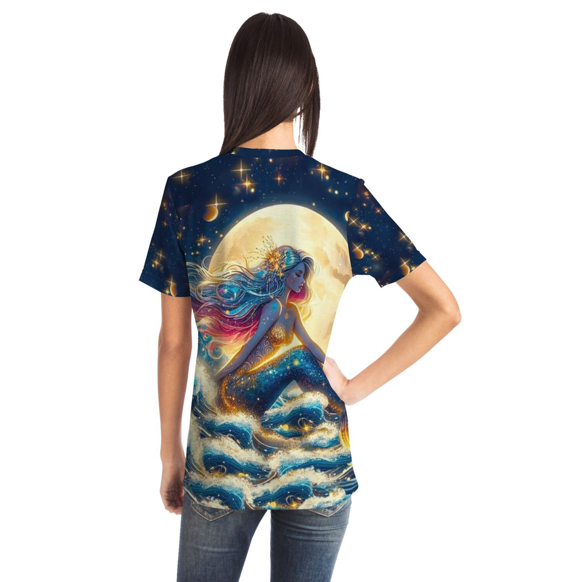 T-Shirt mit Meerjungfrau im Sternenhimmel Motiv, ideal für Fans von Diamond Painting und kreativen Malen nach Zahlen Kunst.