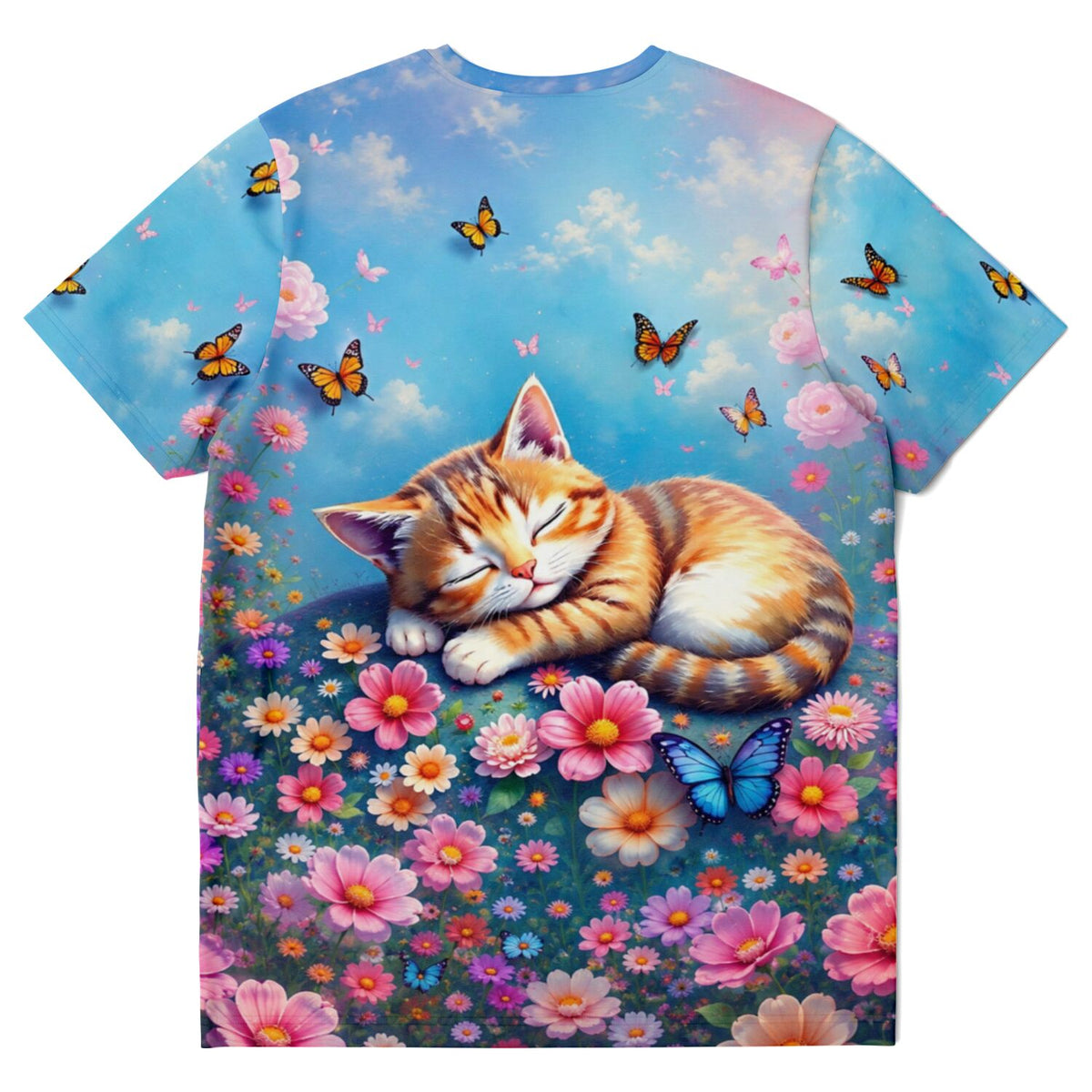 Dreamer T-Shirt mit schlafender Katze zwischen bunten Blumen und Schmetterlingen, im Stil von Malen nach Zahlen Motiven.