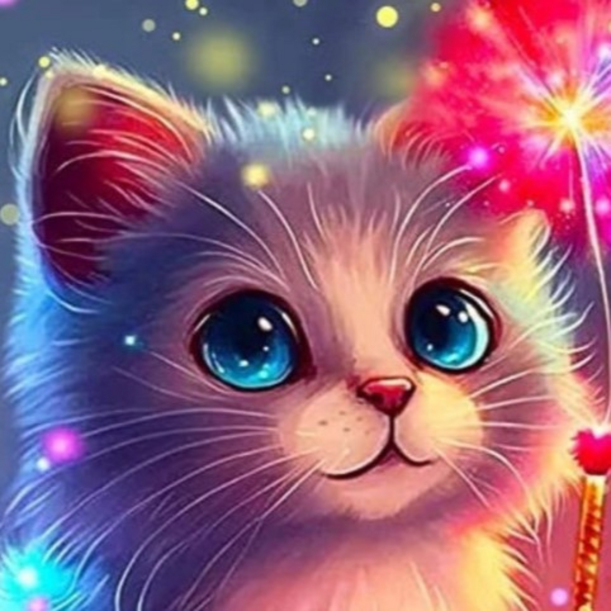 Diamond Painting Set Zauberkätzchen: Bunte Babykatze mit funkelnden Diamanten und leuchtenden Lichteffekten.