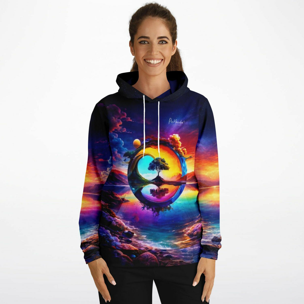 Dreamer Hoodie mit farbenfrohem Fantasy-Landschaftsmotiv, ergänzend zu Diamond Painting und Malen nach Zahlen Designs.