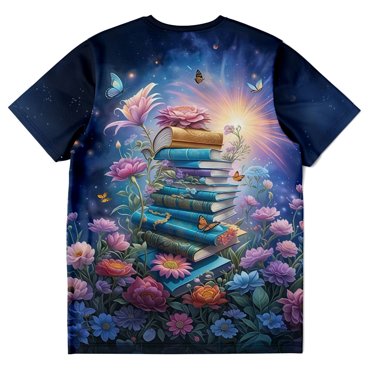 Dreamer T-Shirt mit magischem Stapel Bücher, bunten Blumen und Schmetterlingen im Stil unserer Diamond Painting Designs