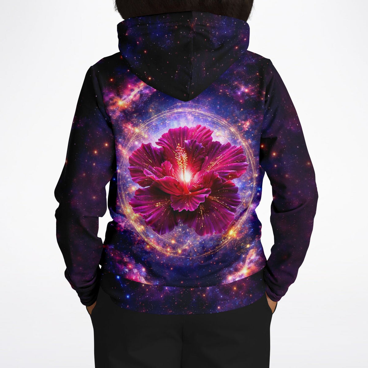 Dreamer Hoodie Königin im eigenen Licht mit leuchtender Hibiskus-Blüte im Galaxie-Design für Kunstliebhaber