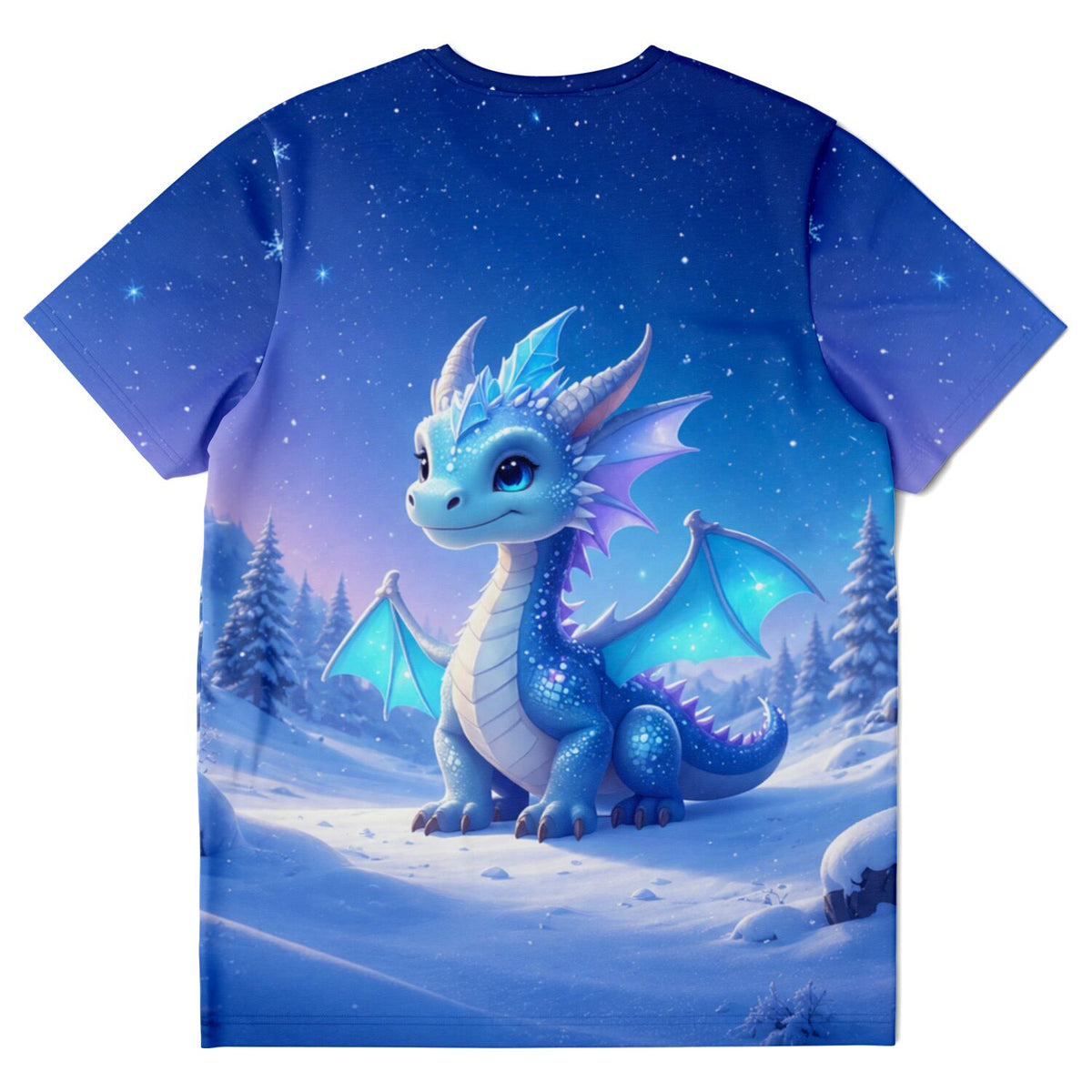 Blaues T-Shirt mit niedlichem Drachen im Schnee, inspiriert von unseren beliebten Diamond Painting und Malen nach Zahlen Motiven