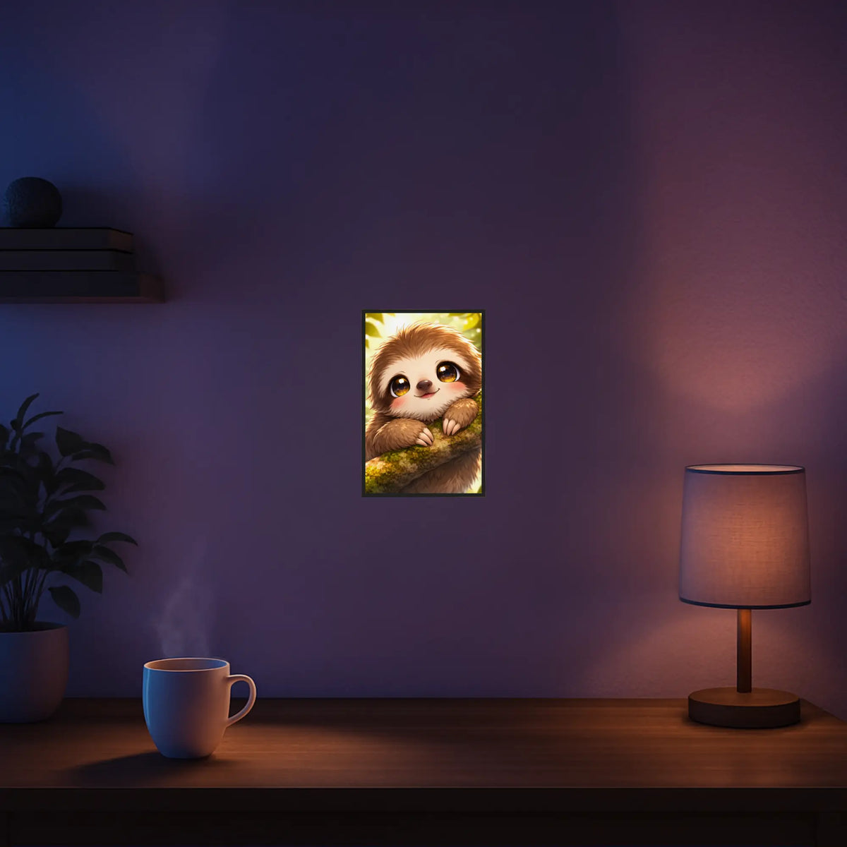 Diamond Painting Set Moari: Niedliches Faultier Baby auf einem Ast im Dschungel als glitzerndes Wandbild fertig gerahmt