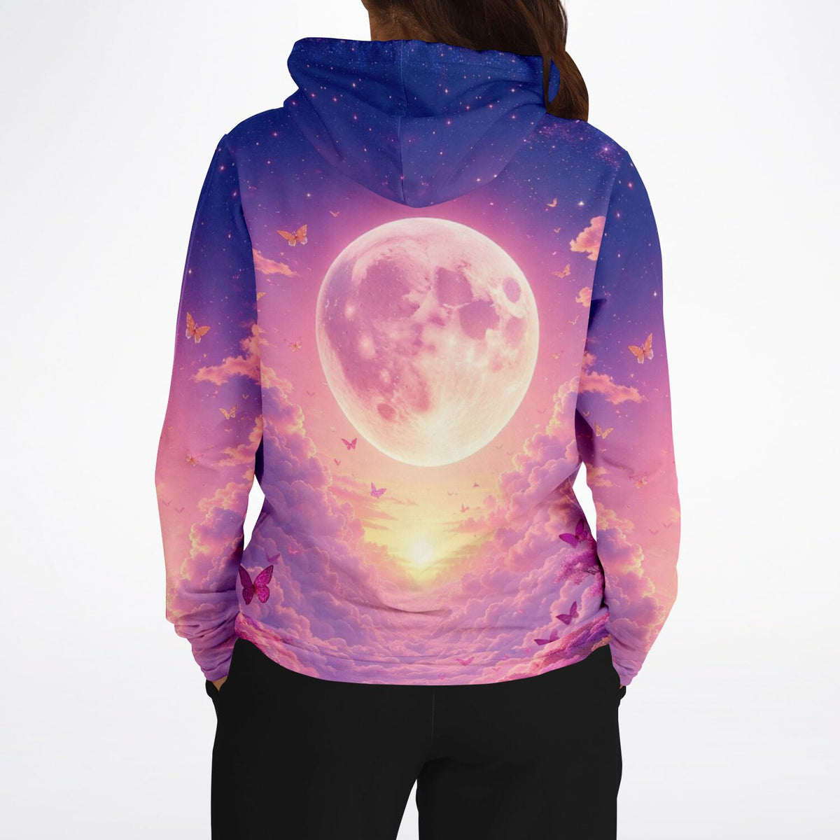 Dreamer Hoodie Wolkenreich mit Vollmond, rosa Wolken und Schmetterlingen im All-Over-Print Design für Kunst-Fans