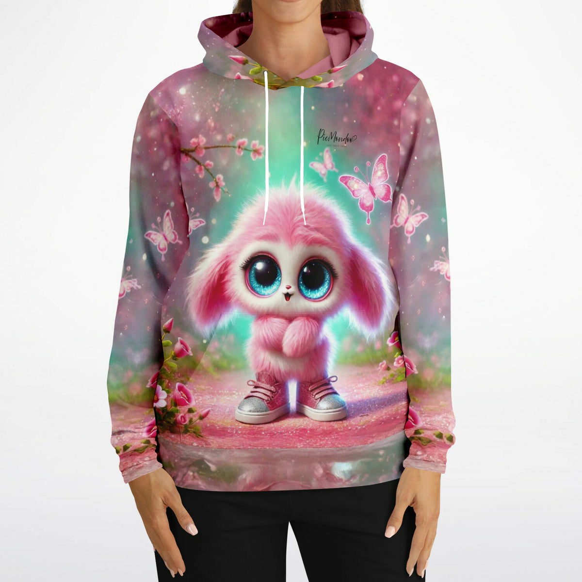 Pinker Dreamer Hoodie mit flauschigem Wesen, Schmetterlingen und floralem Design im Stil von Malen nach Zahlen Kunst