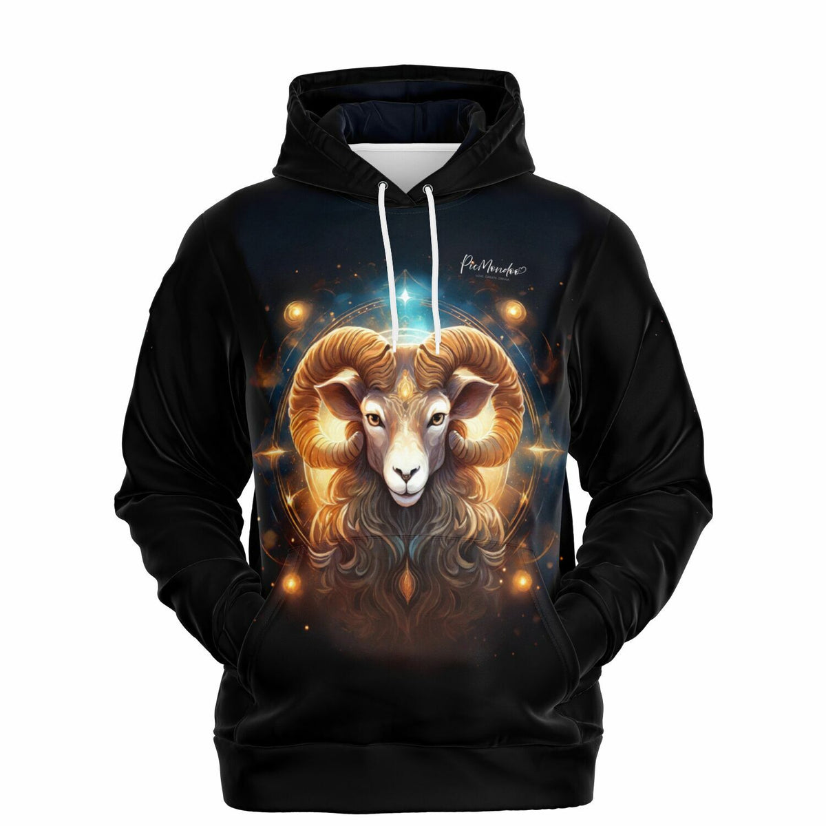 Schwarzer Picmondoo Dreamer Hoodie mit leuchtendem Widder Sternzeichen Motiv als hochwertige Limited Edition