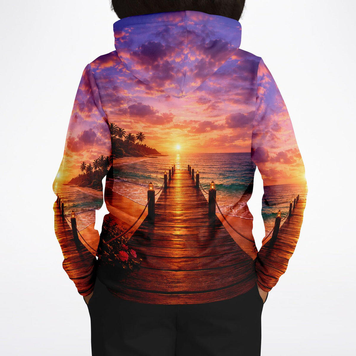 Dreamer Hoodie mit stimmungsvollem Sonnenuntergang am Steg, inspiriert von Malen nach Zahlen und Diamond Painting Motiven