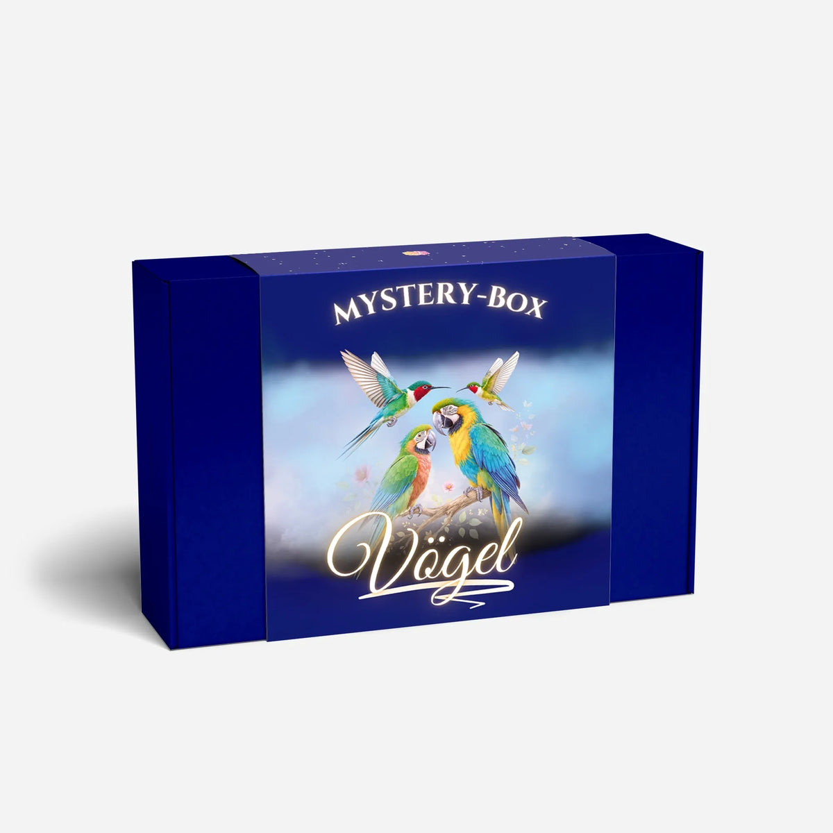 Blaue Diamond Painting Mystery-Box mit Vögel Motiv und bunten Papageien als DIY-Set für Erwachsene
