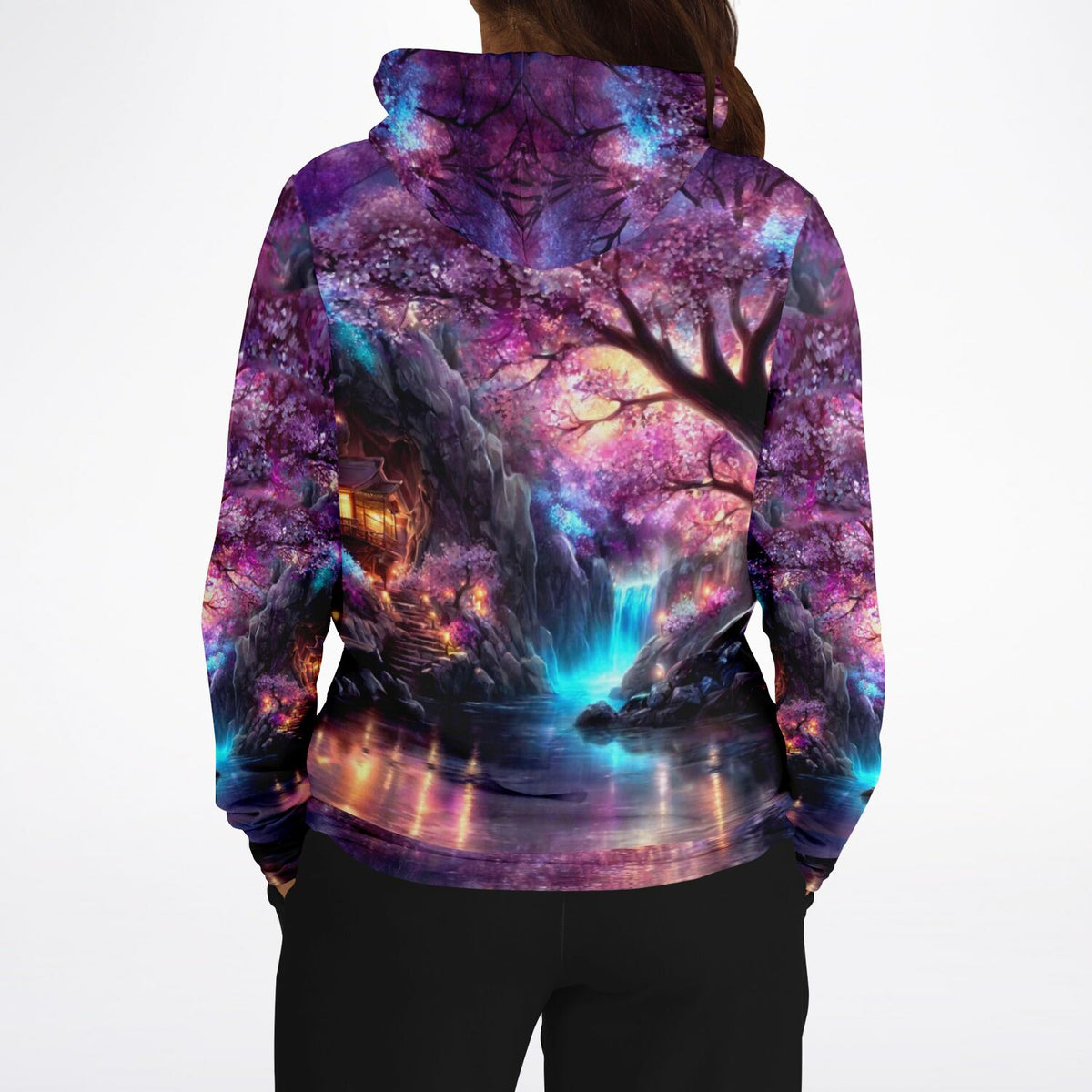 Dreamer Hoodie mit leuchtender Sakura Kirschblüten Landschaft, Wasserfall und asiatischem Tempel Design