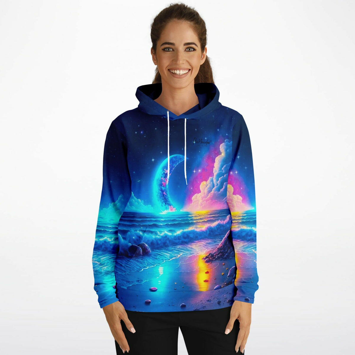Dreamer Hoodie mit farbenfrohem Mondschein-Strand Motiv im Stil eines Diamond Painting Kunstwerks
