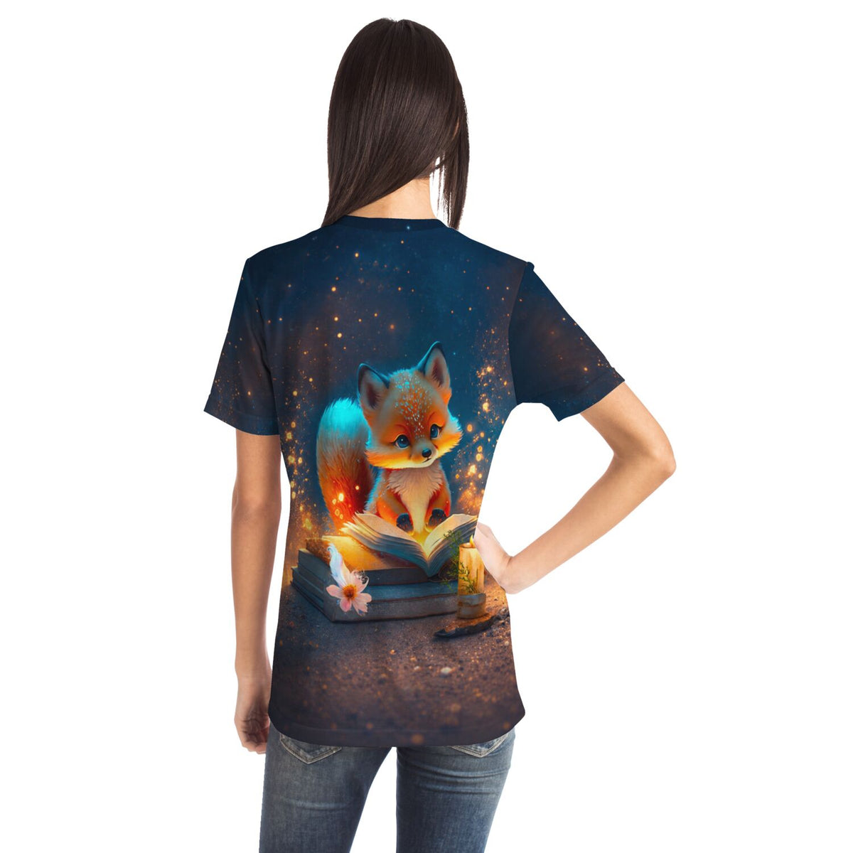 T-Shirt mit süßem Fuchs-Motiv beim Lesen, inspiriert von Diamond Painting und Malen nach Zahlen Designs.