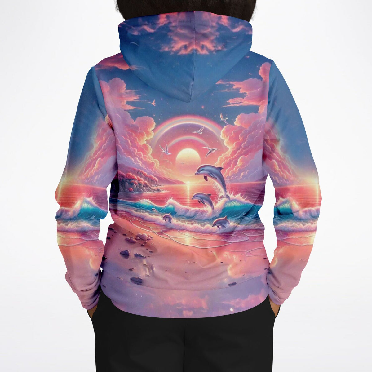 Dreamer Hoodie mit Delfin-Motiv bei Sonnenuntergang, maritimes Design inspiriert von Malen nach Zahlen Kunstwerken
