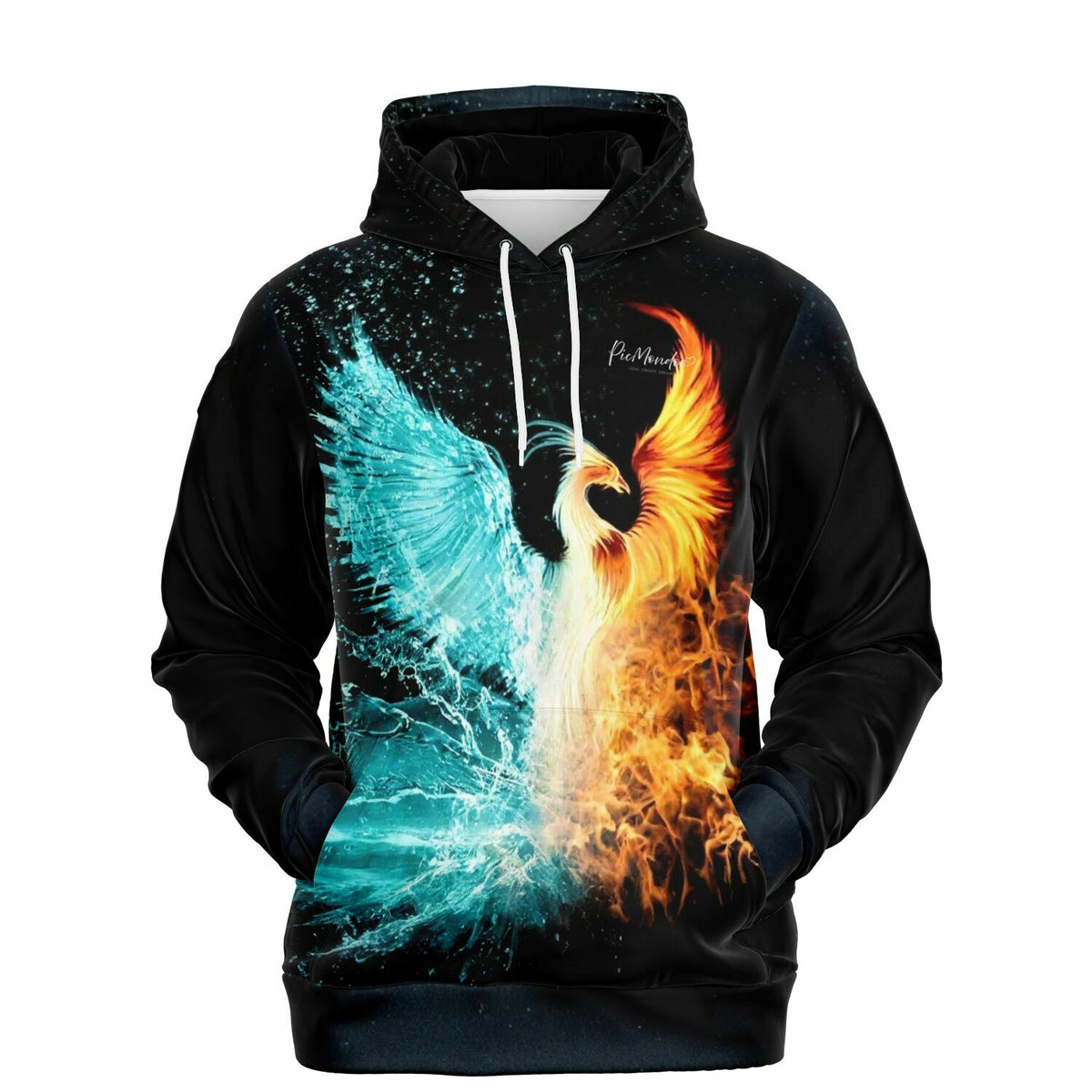 Schwarzer Picmondoo Kapuzenpullover mit Phönix Motiv aus Feuer und Wasser, ideal für Kunst- und DIY-Liebhaber