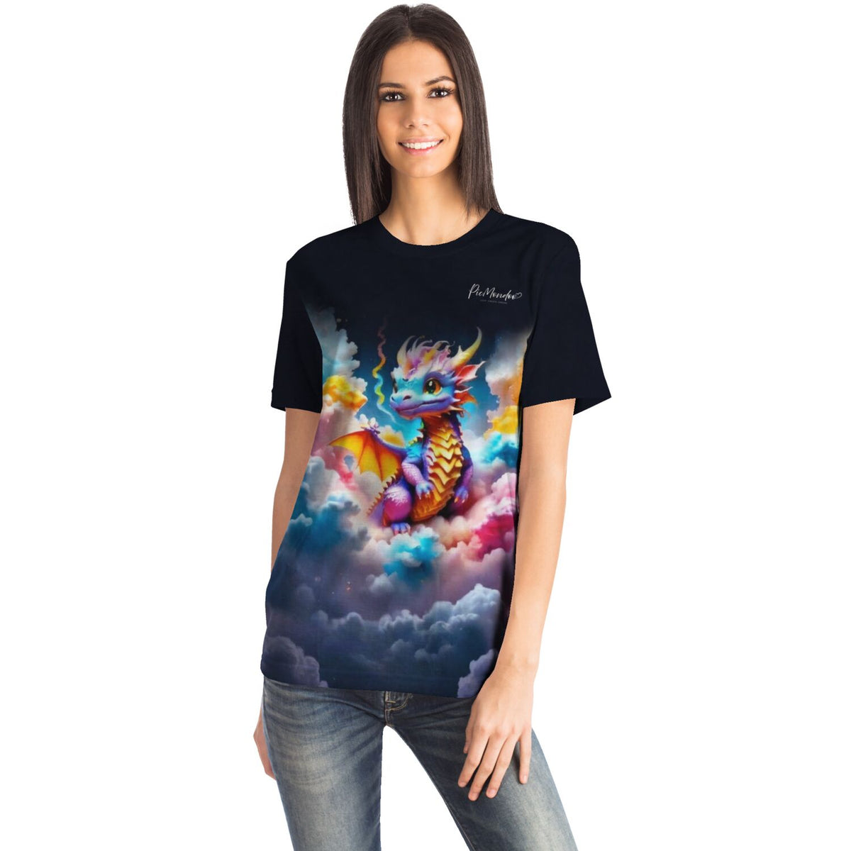 Schwarzes T-Shirt mit farbenfrohem Baby-Drachen-Motiv, inspiriert von Diamond Painting und Malen nach Zahlen Designs.