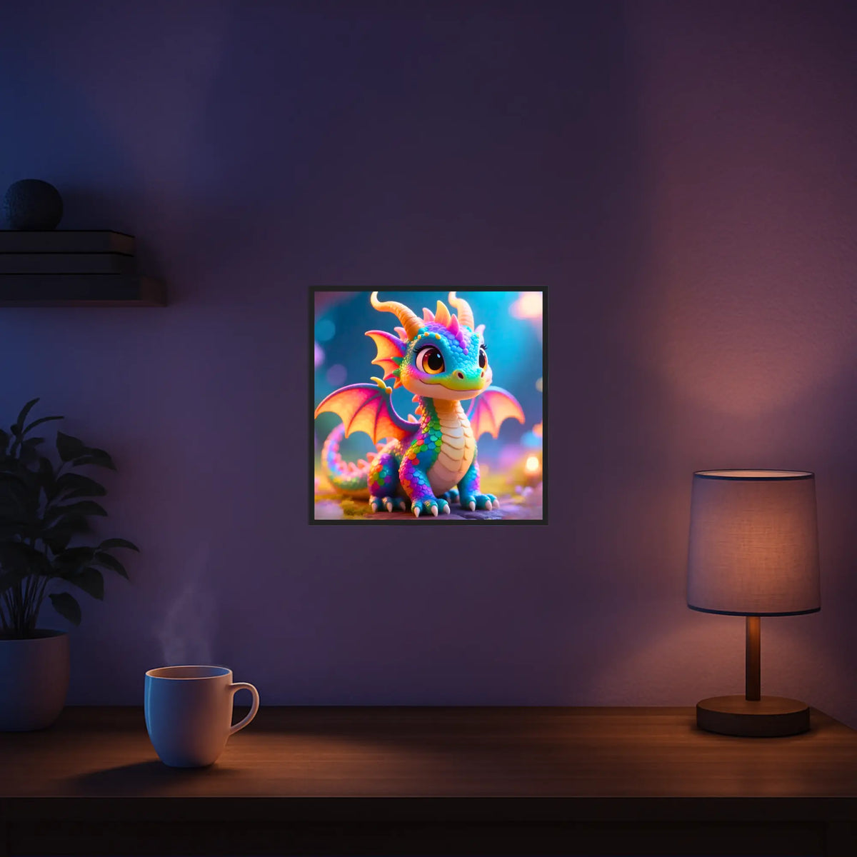 Diamond Painting Rinji: Niedliches Drachenbaby mit Regenbogen-Schuppen als fertiges Wandbild in einem gemütlichen Zimmer