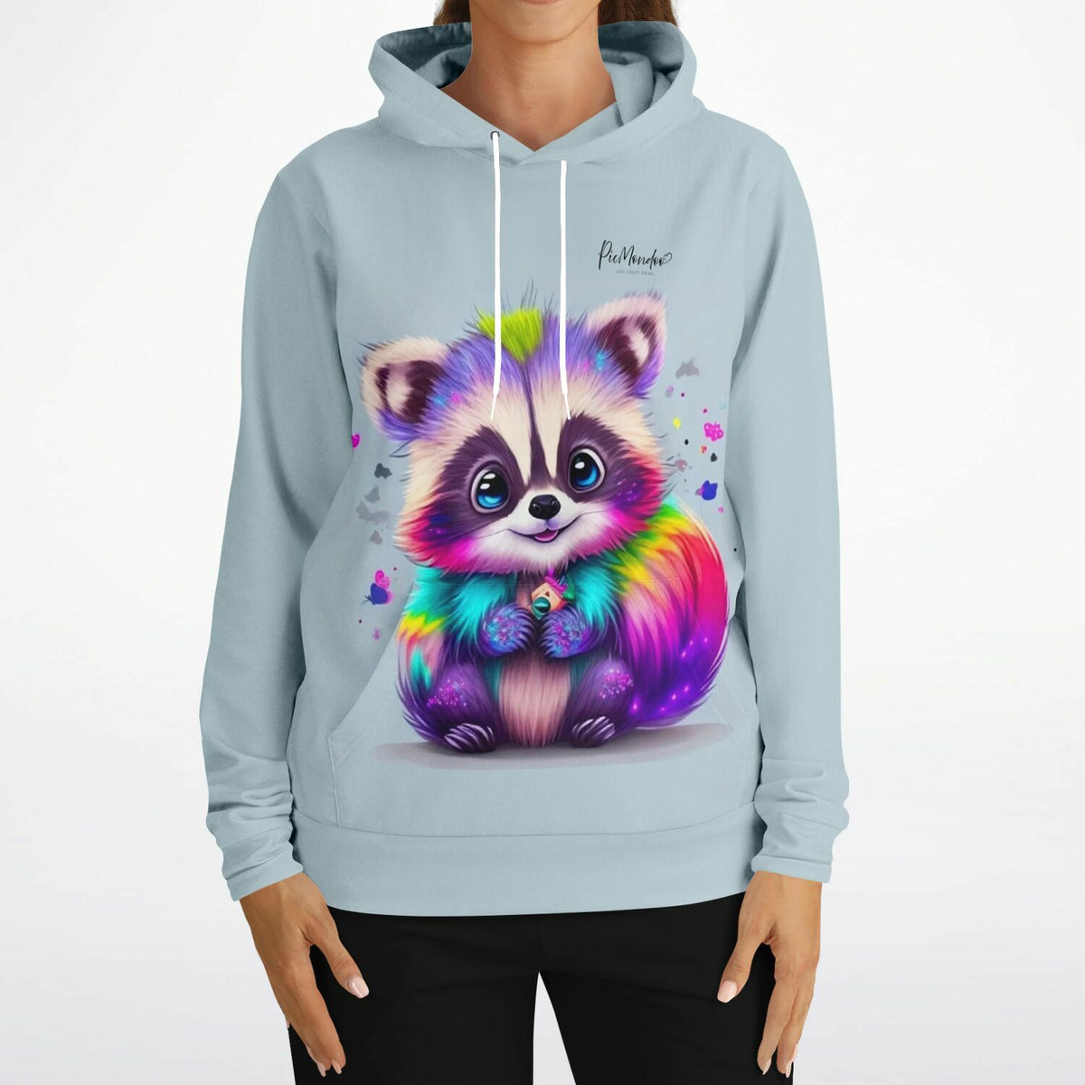 Hellblauer Dreamer Hoodie mit buntem Waschbär Willibald Motiv im Stil von Diamond Painting und Malen nach Zahlen Kunst.