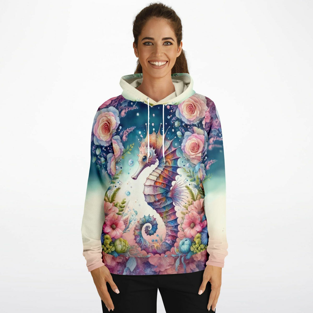 Dreamer Hoodie mit farbenfrohem Seepferdchen und Blüten-Motiv, kunstvoller All-Over-Print für Fans von Diamond Painting