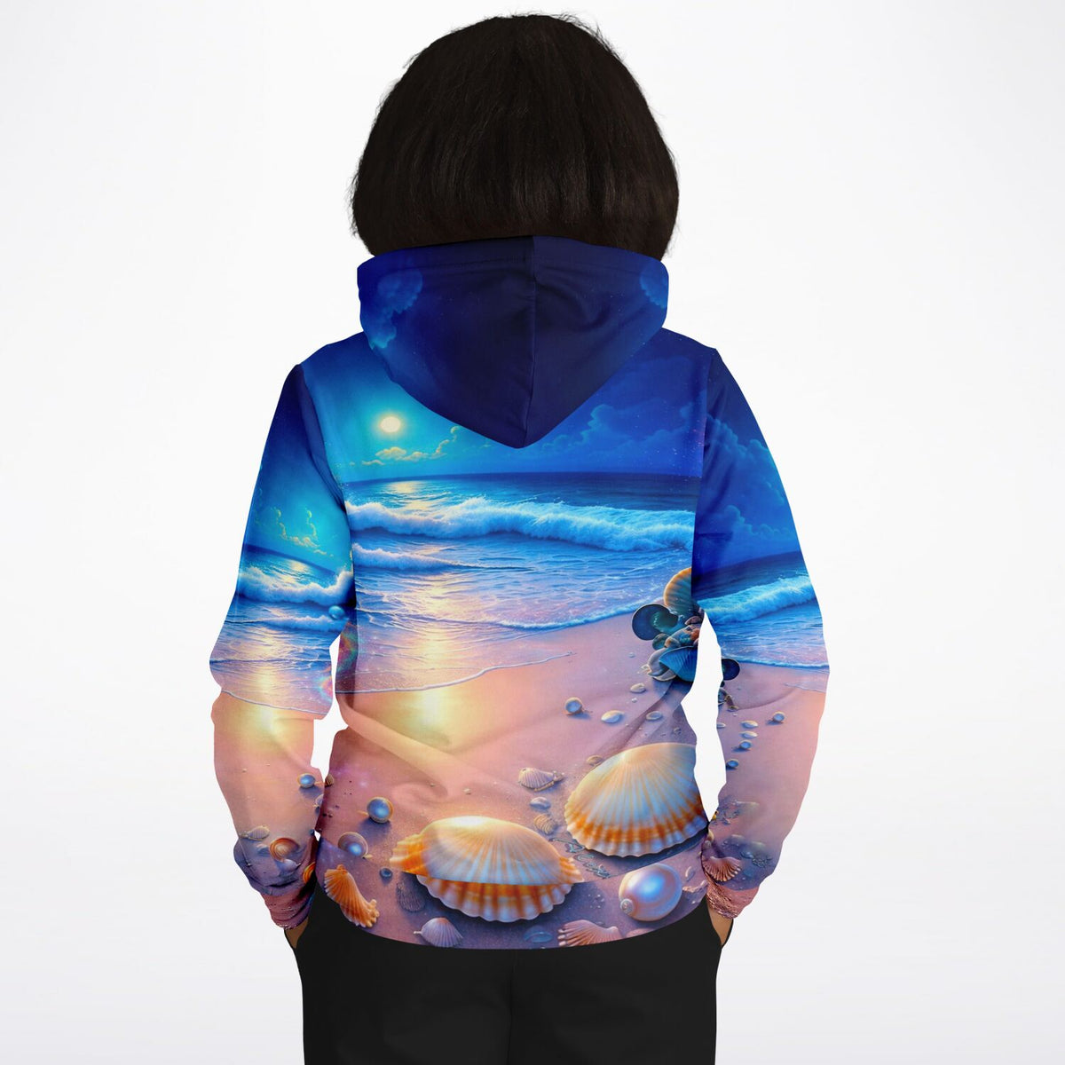 Dreamer Hoodie mit Strand im Nachtglanz Motiv, inspiriert von Diamond Painting Ästhetik mit Muscheln und Mondlicht