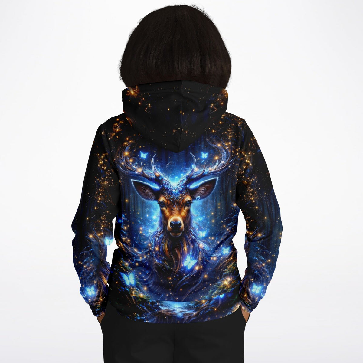 Dreamer Hoodie Wächter des Waldes mit magischem Hirsch-Motiv in blau-goldenem Design im Stil von Diamond Painting Kunst