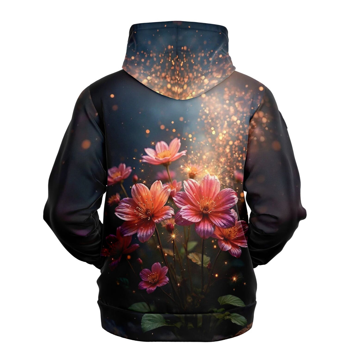 Dreamer Hoodie mit Blumen-Print im Stil von Diamond Painting Motiven und funkelnden Glitzer-Effekten auf schwarzem Stoff