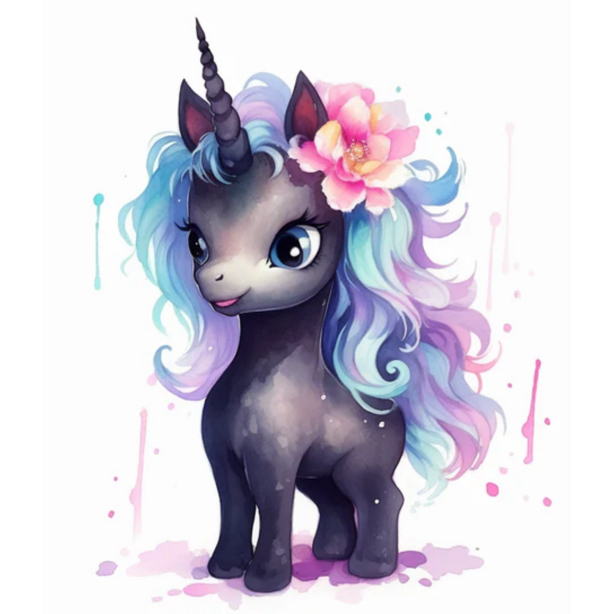 Diamond Painting Set Serafina: Süßes Einhorn mit bunter Mähne und Blumen im Watercolor-Stil für DIY-Bastelspaß.