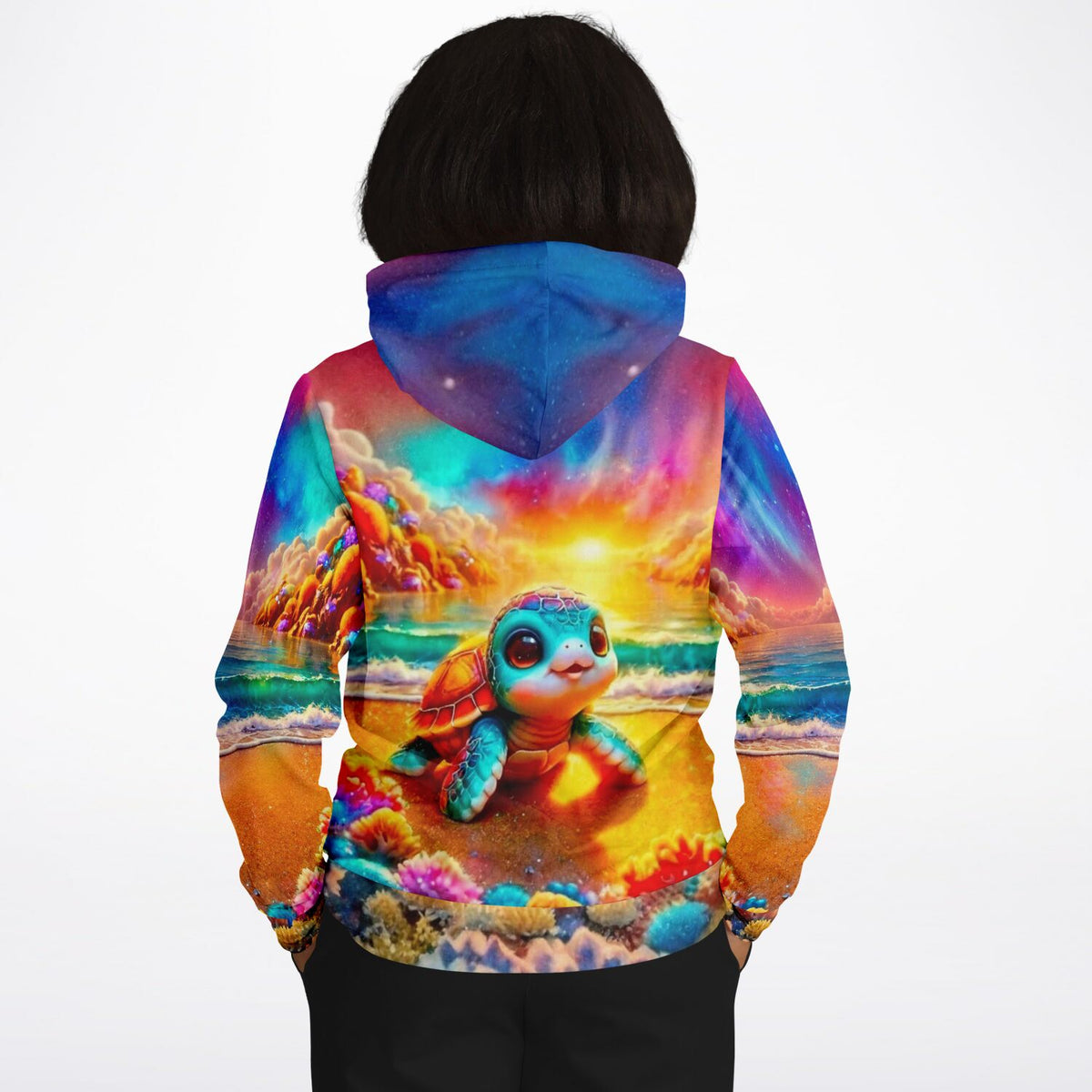 Hoodie mit buntem Diamond Painting Motiv einer Meeresschildkröte am Strand zum Träumen