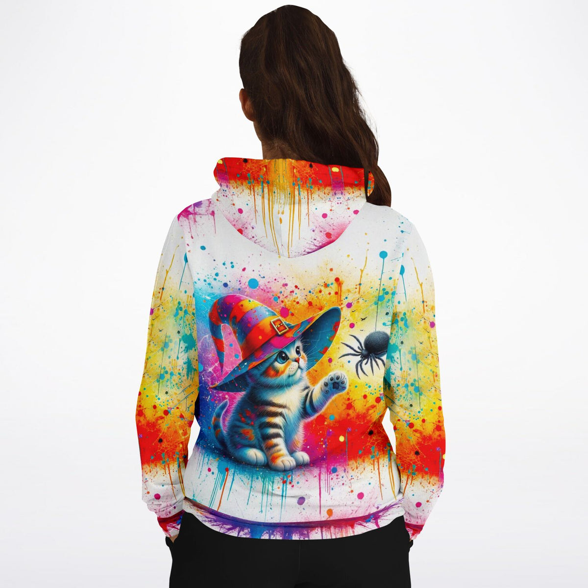 Hoodie mit buntem Zauberkatze Motiv im Watercolor-Stil, passend für Fans von Diamond Painting und Malen nach Zahlen