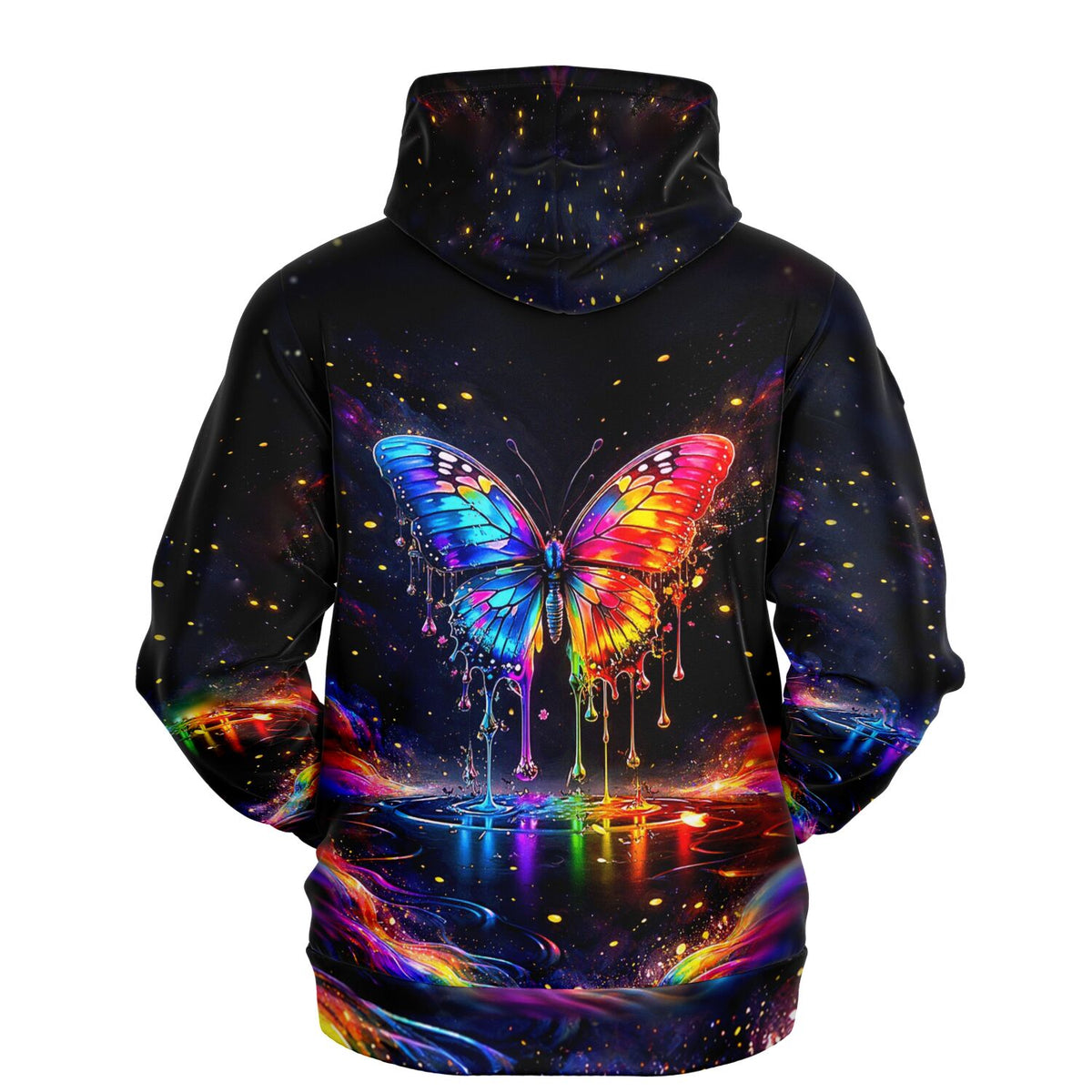 Schwarzer Hoodie mit buntem Waterdrop Butterfly Motiv im Stil von Malen nach Zahlen und Diamond Painting Designs