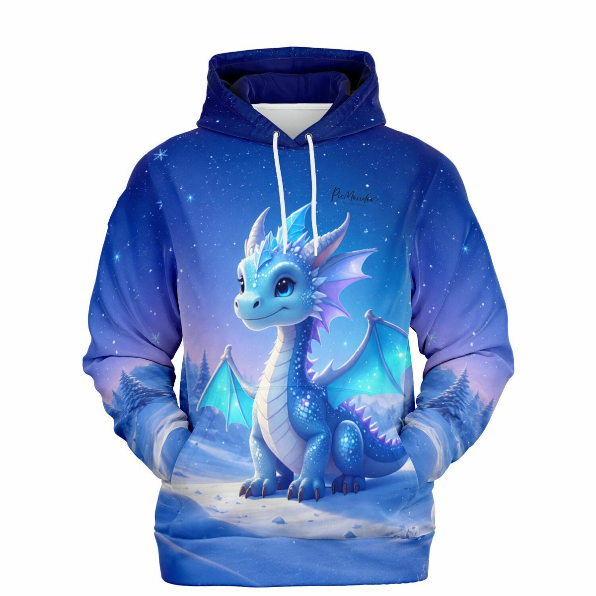 Blauer Dreamer Hoodie mit niedlichem Drachen Motiv im Schnee-Design, passend zu Diamond Painting und Malen nach Zahlen