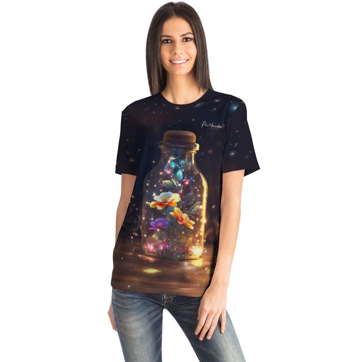 Frau trägt Dreamer T-Shirt mit leuchtendem Blütenzauber Motiv im Stil von Diamond Painting und Malen nach Zahlen Designs