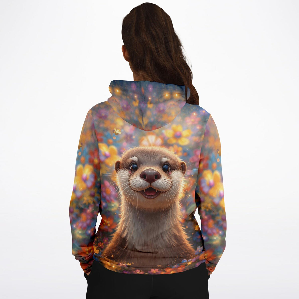 Dreamer Hoodie mit niedlichem Otter-Motiv vor bunter Blumenwiese, perfekt für Fans von Malen nach Zahlen und Kunst.