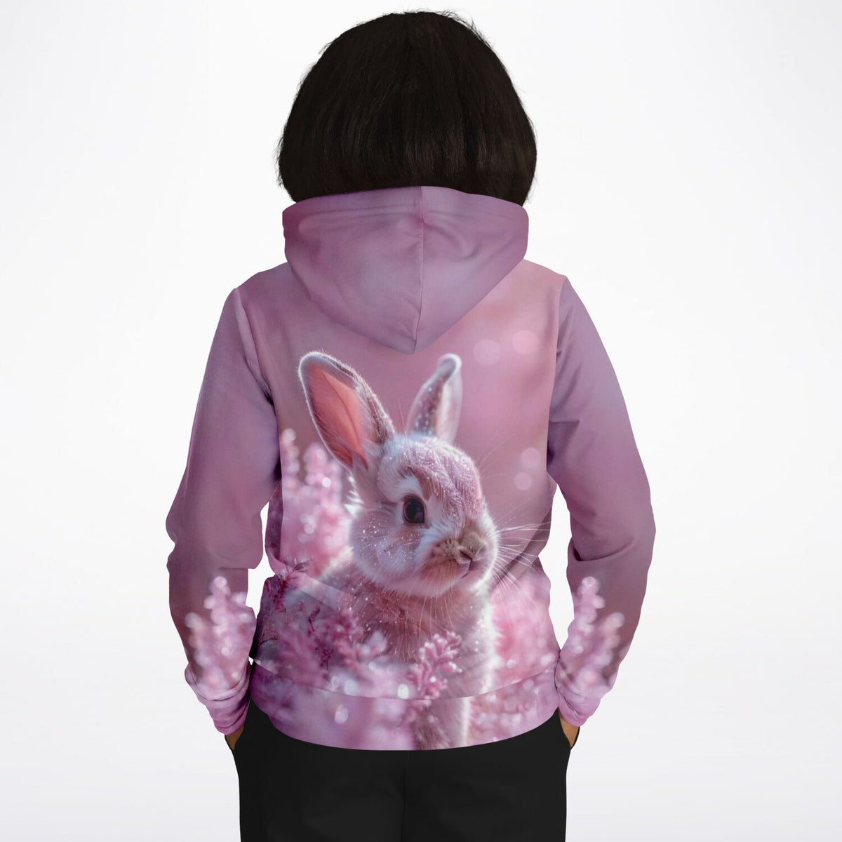 Rosa Damen Hoodie Dreamer mit niedlichem Hasen Motiv im Blumenfeld, ideal für Fans von Malen nach Zahlen und Ästhetik