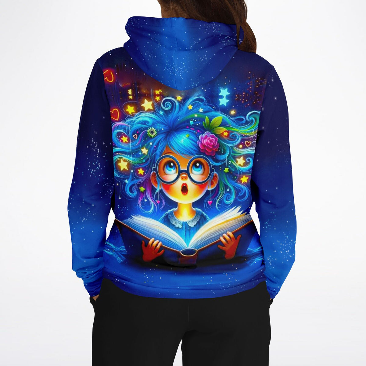 Dreamer Hoodie Lesemaus Josephine mit buntem Fantasy-Motiv, das an farbenfrohe Diamond Painting Kunstwerke erinnert.