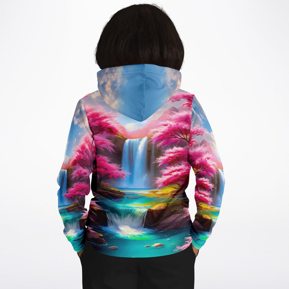 Dreamer Hoodie mit Kirschblüten am Wasserfall Motiv, inspiriert von Diamond Painting und Malen nach Zahlen Kunststilen