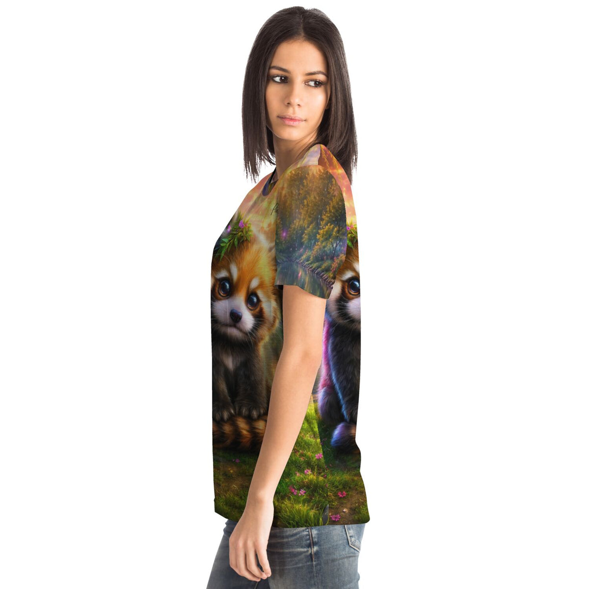 Frau trägt Dreamer T-Shirt mit Kind des Waldes Design, das an magische Diamond Painting und Malen nach Zahlen Motive erinnert