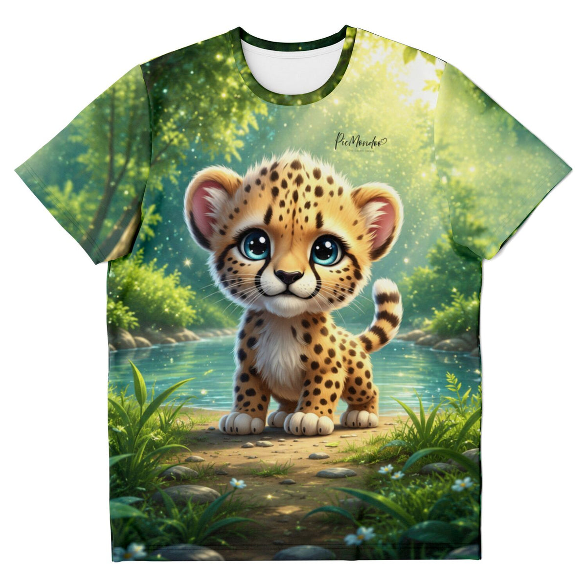 T-Shirt mit süßem Geparden-Motiv im Wald am Fluss, inspiriert von Diamond Painting Kunstwerken von Picmondoo