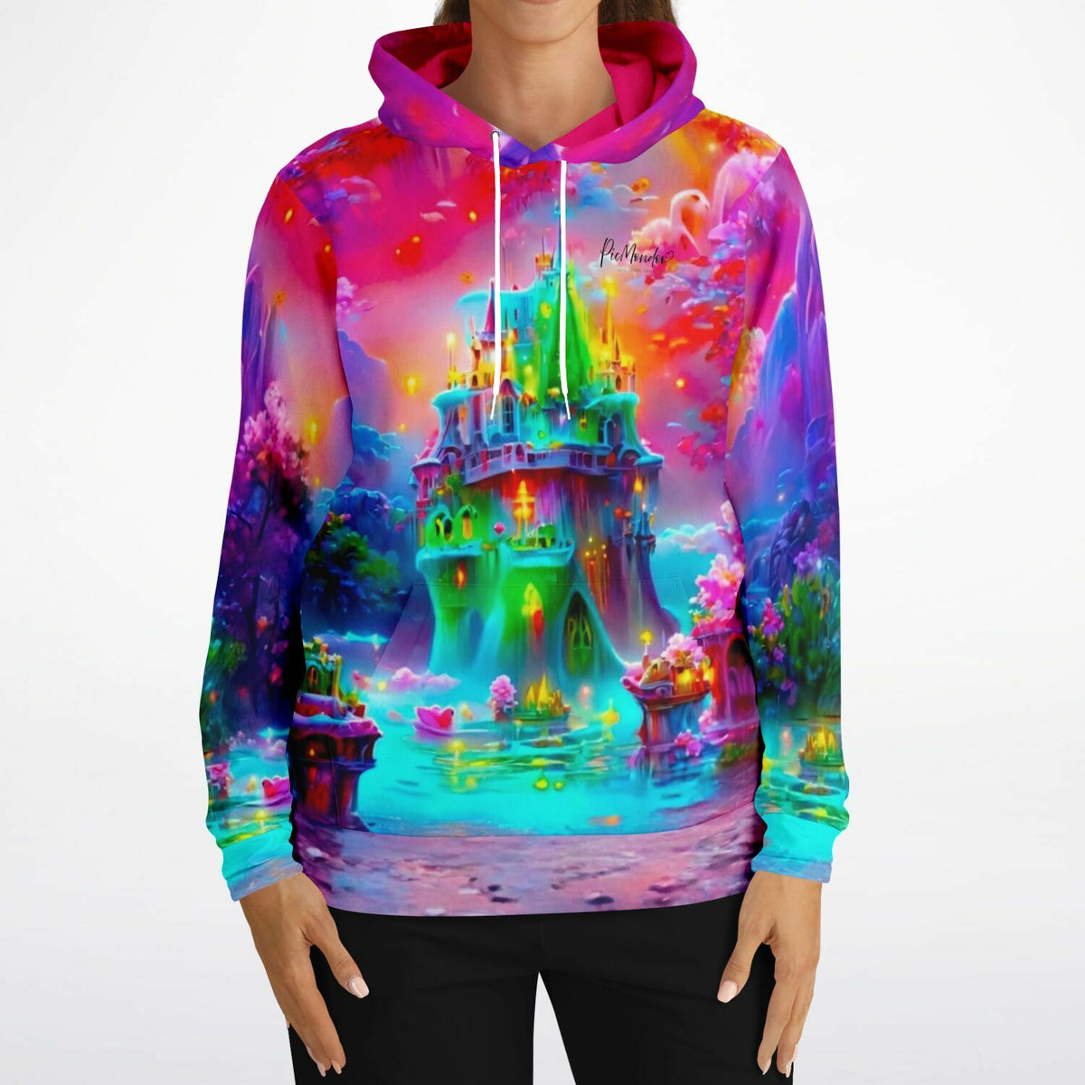 Dreamer Hoodie mit farbenfrohem Fantasie-Schloss Design im Diamond Painting Stil und lebendigen Leuchtfarben.