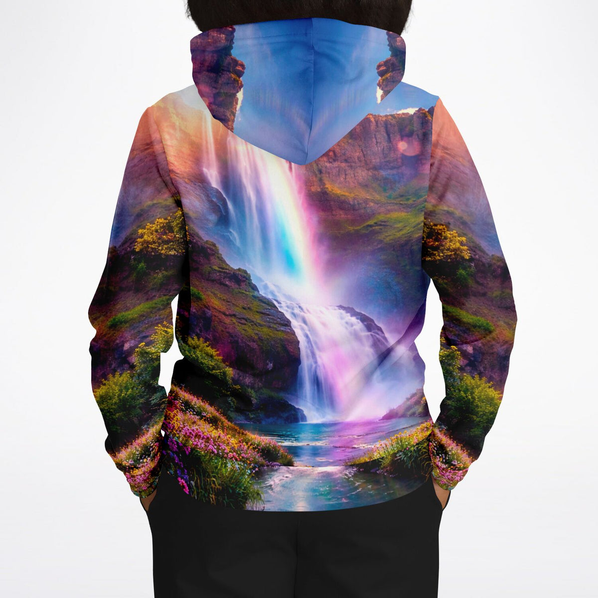 Dreamer Hoodie mit farbenfrohem Wasserfall-Motiv, inspiriert durch Diamond Painting Kunst, Rückansicht