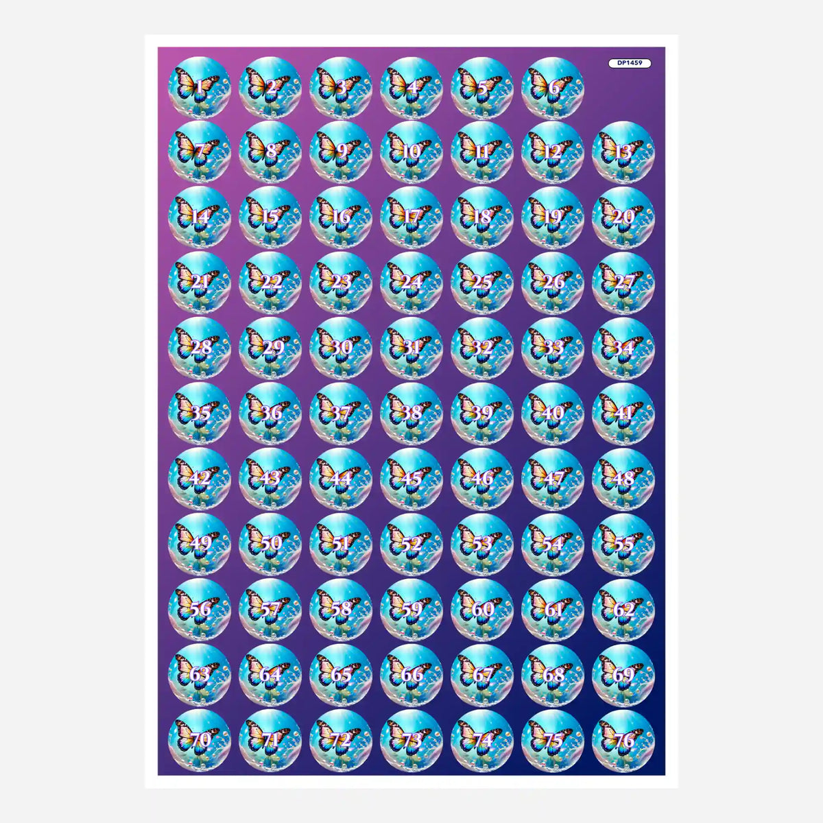 Bunter Stickerbogen mit Schmetterlings-Motiven zur Organisation von Diamond Painting Steinen und Zubehör.